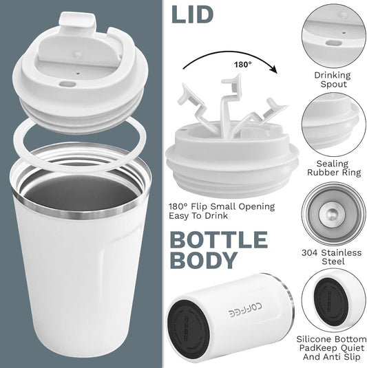 YINBAOGE Insulated Travel Coffee Mug Spill Proof Leak Proof Pobtable To Go Camping Stainless Steel Coffee Tumbler Reusable Coffee Cups with Lids Thermos for Hot and Cold Drink (2nd-White, 12 OZ)