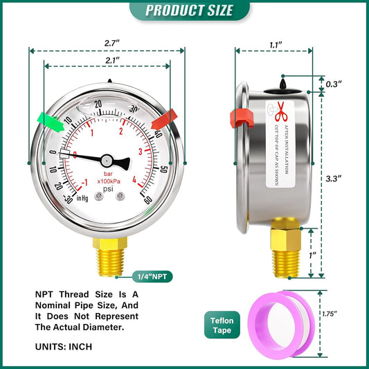 -30inHG-60psi Stainless Steel Glycerin Liquid Filled Vacuum Pressure Gauge 1/4" NPT 2.5" Face Dial Center Lower Mount, for Water, Oil and Air Pressure Testing (with Range Mark Pointer)