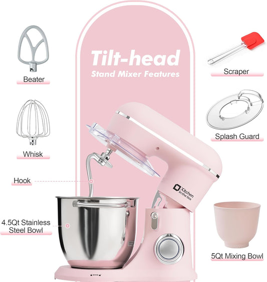 Kitchen in the box Stand Mixer, 4.5QT+5QT Two bowls Electric Food Mixer, 10 Speeds 3-IN-1 Kitchen Mixer for Daily Use with Egg Whisk,Dough Hook,Flat Beater (Rose Pink, 5QT)