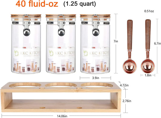 KKC Glass Airtight Coffee Bean Storage Containers for Counter,Ground Coffee Holder Jars,Airtight Glass Countertop Storage Jar Canisters with Spoon for Coffee,Loose Tea,40 Fluid-oz,Pack of 3