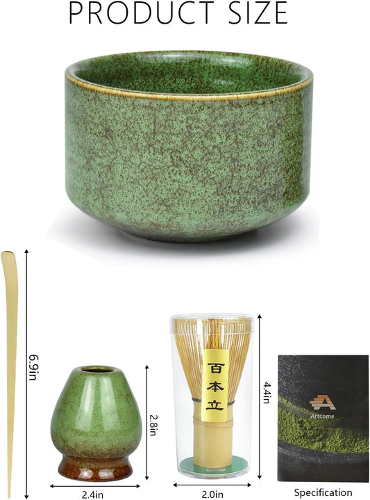 Artcome Premium Matcha Tea Set - 19.6oz Ceramic Bowl with Spout, Bamboo Whisk, Scoop, Whisk Holder & Brewing Guide - Elegant, Complete Set for Authentic Japanese Tea Ceremony