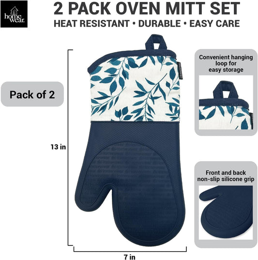Delaney Silicone Oven Mitts Set - Extra Long, Heat Resistant Kitchen Gloves, Non-Slip Holders for BBQ, Baking, Cooking Essentials, Indigo Vines, Kitchen Decor, Oven Gloves, New Home Gifts