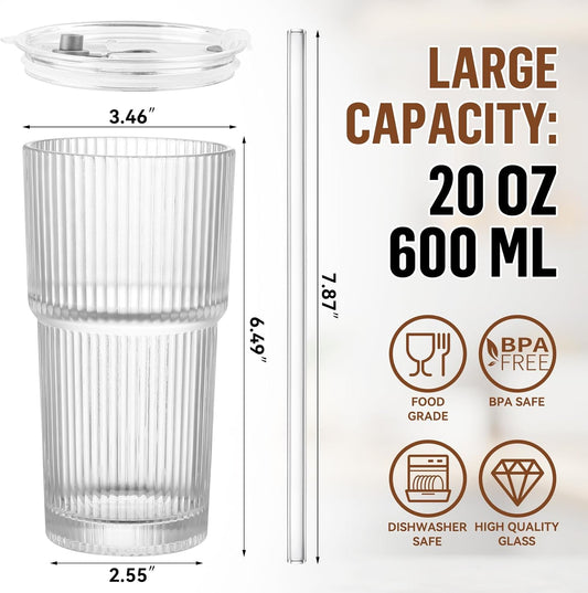 20 Oz Glass Cups with Lid and Straw 2 Set, Glass Tumbler with Straw and Lid, Vintage Glassware for Whiskey Cocktail Beer, Iced Coffee Cups with Lid (2 PACK)