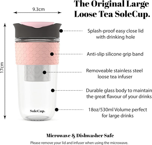 Large Travel Mug Loose Tea Infuser - Detachable Tea Strainer with Spill Proof Lid - 18oz/530ml BPA-Free Reusable Glass Travel Coffee Cup with Silicone Band (Pink) (Grey and Pink)