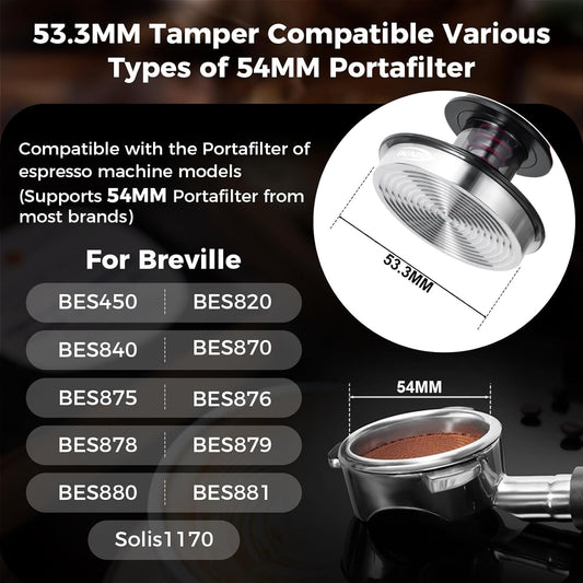 IKAPE 53.3MM Semi-Transparent Coffee Tamper for Espresso, Spring Calibrated with Flat Premium Stainless Steel Base, Suitable for 54mm Breville Bottomless Portafilters(New Upgrade)