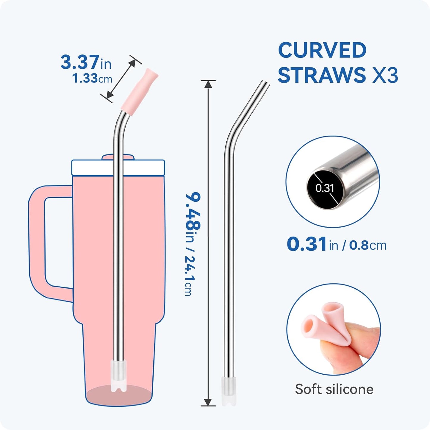Reusable Stainless Steel Straws with Silicone Tip for Stanley 30oz, Metal Drinking Straws for 30oz Tumbler,3 Bent Tubes & 6 Tips& 1 Cleanr Brush (Transparent)