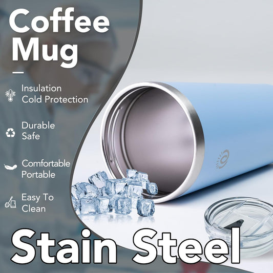 Insulated Coffee Mug with Lid, Reusable Stainless Steel Travel Coffee Cup, 16 Oz Double Wall Vacuum Spill Proof Tumbler Cups for Men and Women Hot & Cold Drinks(Light Blue)