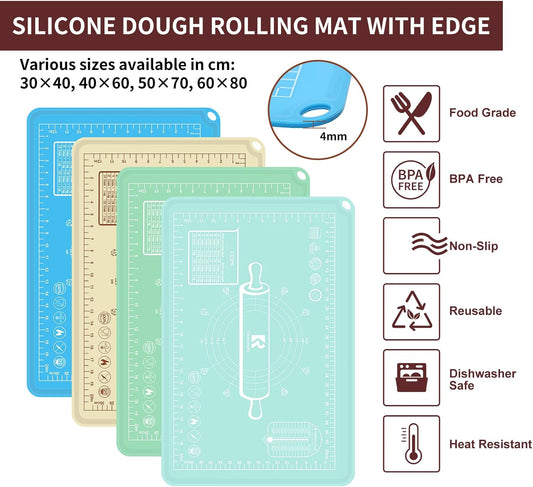 Silicone Baking Mat 20"L x 28"W, Extra Thick Dough Rolling Pad with Measurements and Edge Heightening, Non-stick Food Grade Silicone Pastry Mat for Pastry, Bread, Cookies