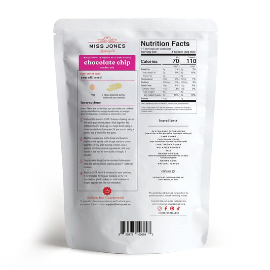 Miss Jones Baking Gluten-Free Chocolate Chip Cookie Mix - More Chocolate Chips, 50% Lower Sugar, Naturally Sweetened Desserts & Treats, 13 Ounce (Pack of 1)