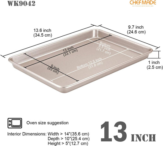 CHEFMADE 13-Inch Rimmed Baking Pan, Non-Stick Carbon Steel Cookie Sheet Pan for Oven Roasting Meat Bread Jelly Roll Battenberg Pizzas Pastries 9.7" x 13.6" x 1" (Champagne Gold)