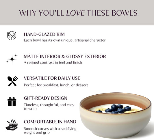 Ceramic Cereal Bowls Set of 4-21 oz Stoneware Bowls for Soup, Salad, Dessert or Ice Cream - Stackable, Dishwasher & Microwave Safe, Small Rustic Bowls for Kitchen -Terracotta/Reactive Glaze