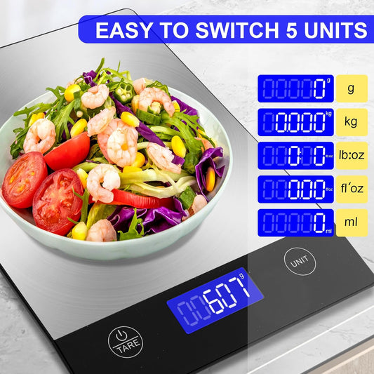 Rechargeable Food Scale, 22lb Digital Kitchen Scale for Food in Gram and Ounce, 0.1oz/1g Precise, 304 Stainless Steel, Perfect for Meal Prep, Cooking, and Baking, Batteries and Charging Cable