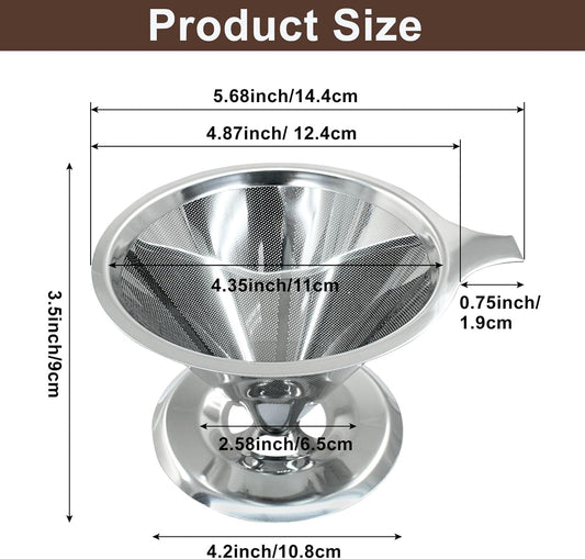 Waziaqoc Pour Over Coffee Dripper, Slow Drip Paperless Coffee Filter, Stainless Steel Pour Over Coffee Maker for 1-4 Cups Brew, Double Mesh Design of Manual Reusable Cone Filter