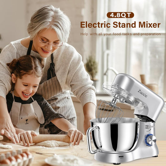 Stand Mixer, Zuccie 4.8QT Kitchen Electric Stand Mixer, 380W Motor Power Food Mixer, 8+P-Speed Dough Mixer with Dough Hook, Wire Whip & Beater, Silver