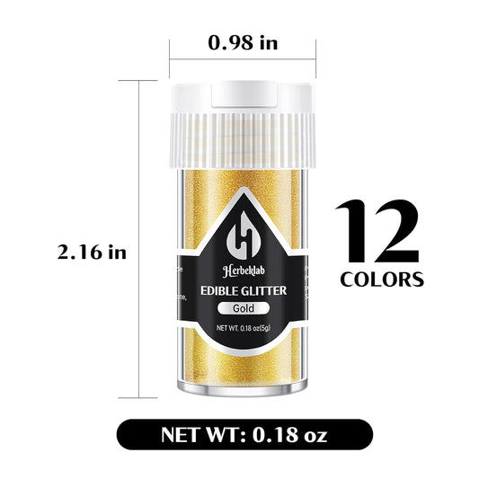 Edible Glitter for Cocktails - 12 Colors Herbeklab Luster Dust Edible Drink Glitter Food Grade Metallic Shimmer Powder Cake Sprinkles for Beverage Chocolate Candy, 5g/Bottle