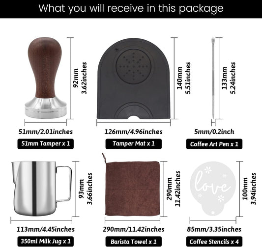 51mm Coffee Tamper Set Barista Kit for Portafilter Machine Wooden Espresso Tamper with Tamper Mat, Frothing Pitcher (350 ml/11.836 oz), Barista Towel, Latte Art Pen and Decorative Stencils