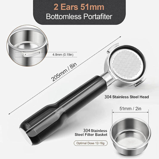 51mm Bottomless Portafilter Compatible for Delonghi ECP3420/ECP3120/EC155/BCO430/EC260, 2 Ears, with Stainless Steel Double Shot Capacity Cup Filter Basket