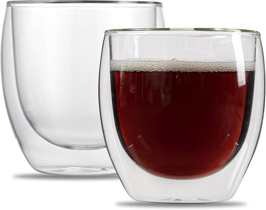 Restaurantware-Forma Professional 8.5 Ounce Double Wall Coffee Cups, 2 Insulated Latte Glasses - Dishwashable, Reusable, Clear Glass Beverage Cups, Freezable, For Hot Or Cold Beverages