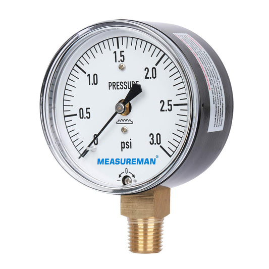 MEASUREMAN Diaphragm Type Capsule Low Pressure Gauge 3psi, 2-1/2" Dial, 1/4" NPT Lower Mount, Adjustable, 0-3Psi