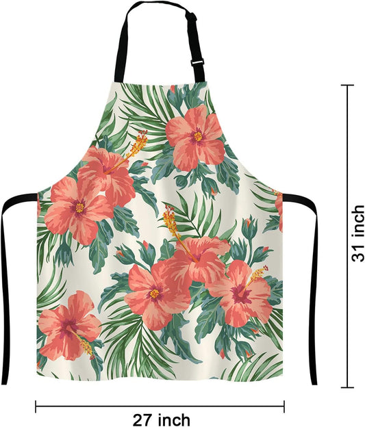 Tropical Leaves and Hawaiian Flower Bib Apron with Adjustable Neck for Men Women,Suitable for Home Kitchen Cooking Waitress Chef Grill Bistro Baking BBQ Cobbler Apron