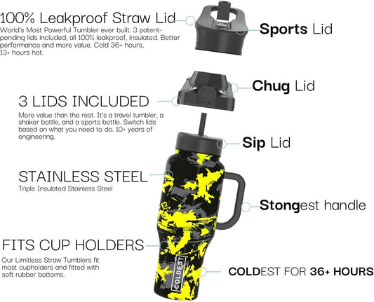 Coldest 40 oz Tumbler with Handle and Straw - 100% Leak Proof Insulated Tumbler with Lid and Straw (3 Lids) - Stainless Steel Tumblers for Women & Men - Cup Holder Friendly Base, 36 oz (Off Road)