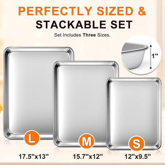 Baking Sheet Set of 3, Commercial Grade Stainless Steel Cookie Sheets for Baking, 12/16/17.5 Inch, Thicker and Firmer Baking Pans Set, Rust & Warp Resistant & Nonstick, Nontoxic&Heavy Duty&Easy Clean