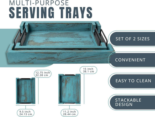 Rustic Wooden Serving Trays with Handle - Set of 2 - Large and Small, Nesting Multipurpose Trays - for Breakfast, Coffee Table/Butler & More - Rustic Blue