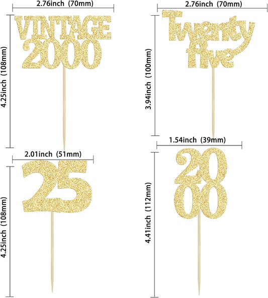 Gyufise 24Pcs Cheers to 25 Cupcake Toppers Glitter Twenty-five Vintage 2000 25th Birthday Cupcake Picks Hello 25 Years Birthday Cake Decorations for Happy 25th Anniversary Party Supplies Gold