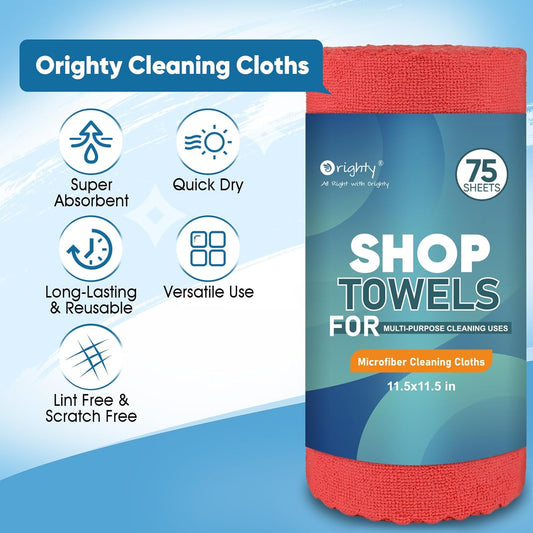 Orighty Microfiber Cleaning Cloths, 75 Sheets Shop Towels, Reusable Paper Towels Shop Rags, Washable Microfiber Towel Roll Cleaning Rags for Cars, House, Kitchen, 11.5โโ x 11.5โโ, Red