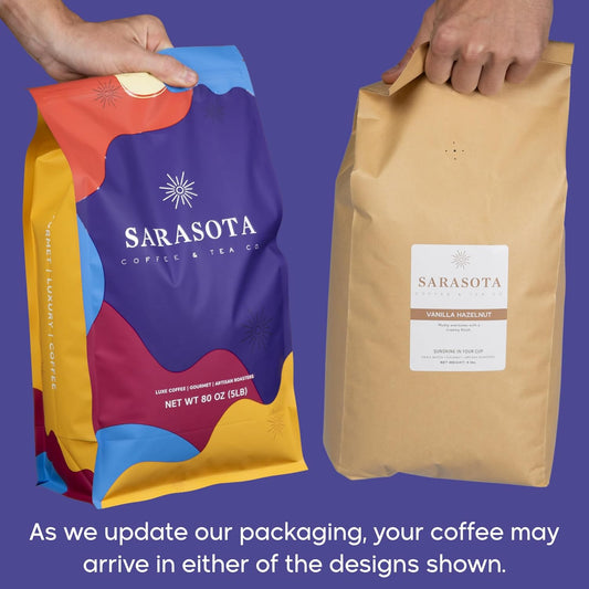 Sarasota Coffee Ground Vanilla Hazelnut | Medium Roast Gourmet Flavored Coffee Grounds | Low Acid, Mold Free, Specialty Grade Flavored Bulk Ground Coffee | 5lb (80 oz)