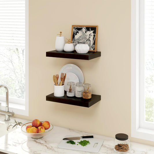 16 Inch Floating Shelves, 9.3" Deep Floating Shelf Wall Mounted, 16" Wall Shelves, Rustic Deep Bookshelf, Large Display Shelves & Storage Shelves for Bedroom, Living Room, Black, Set of 2