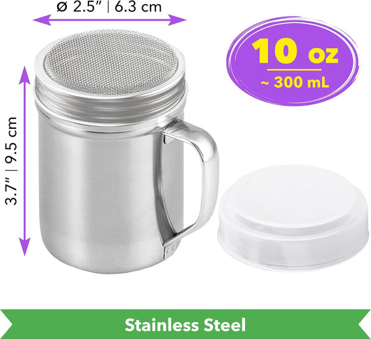 CUSINIUM Powdered Sugar Shaker Duster - With Handle - Cinnamon Shaker For Coffee Bar - Fine Mesh Dredge - 10 ounce | Style: Fine
