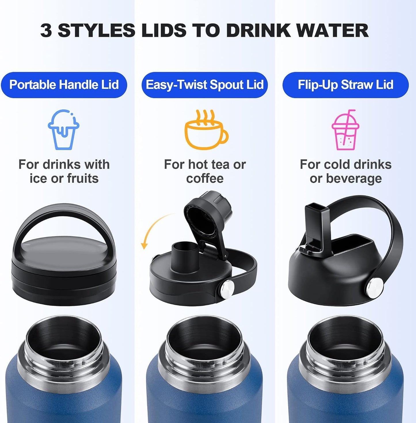 HYDROWION 40 oz Insulated Water Bottle with Straw fit in Car Cup Holder(Cold 48 hrs, Hot 24 hrs) Drinking Bottle with Straw Lid, Spout Lid and Flex Cap Leakproof Travel Thermo Mug,Red