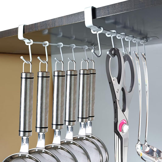 Adjustable Under Cabinet Coffee Mug Holder - Space-Saving Solution for Your Kitchen-Standard Cabinet Water Cup Organizer-2 Sets (12 Mobile Hooks-White)