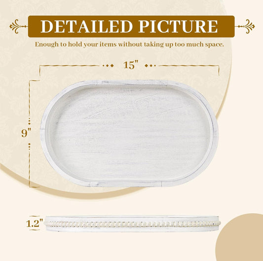 MAONAME Wood Serving Tray, Farmhouse Wooden Tray for Coffee Table, Oval Beaded Trays, Vintage White Decorative Trays for Living Room, Kitchen, 15" X 9" X 1.2"