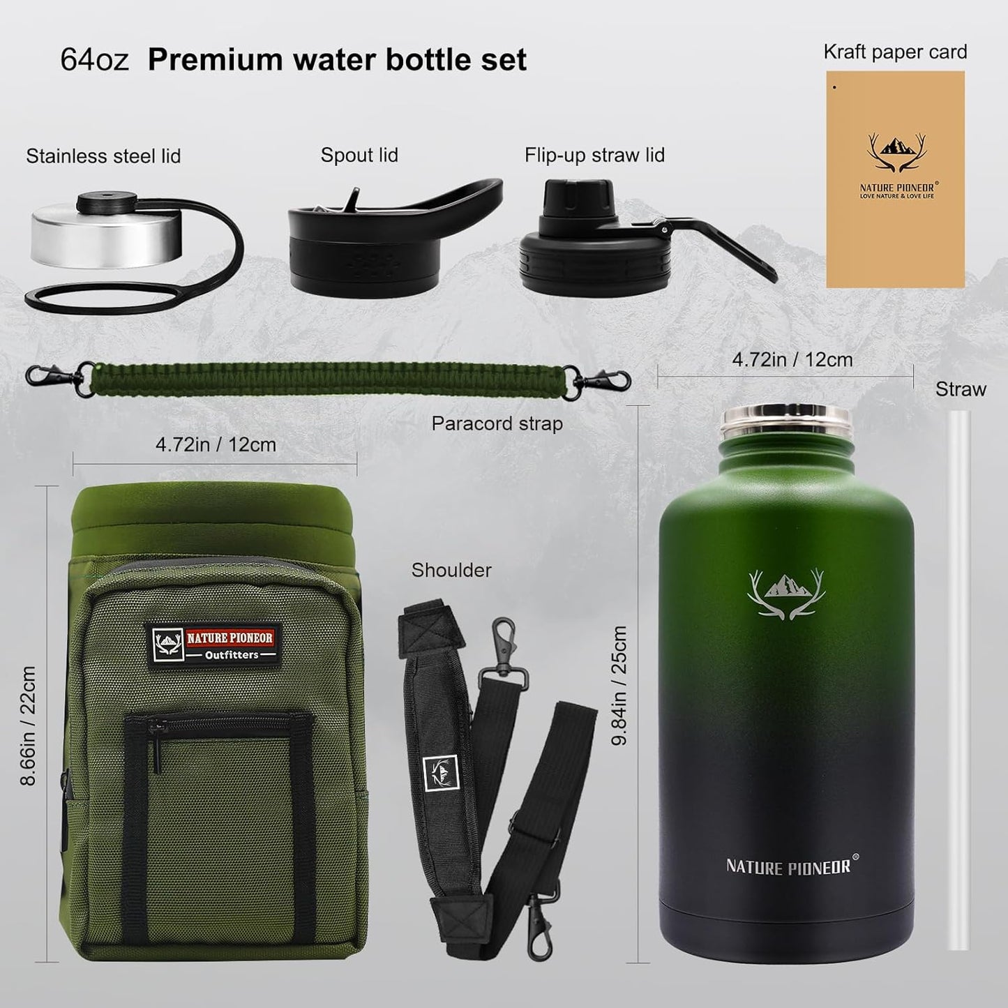 NATURE PIONEOR Insulated Water Bottles with Straw - 64oz Stainless Steel Vacuum Bottle with Holder/Carrier/Sleeve - Reusable 18/8 Food Grade Half Gallon Water Jug