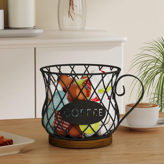 YINMIT K Cup Holder Organizer, Rustic Coffee Pod Holder Organizer, 35 Kcup Holder for Counter with Handle,Large Capacity Black Wire Coffee Capsule Basket for Kitchen Office Desktop (Circular Grid)