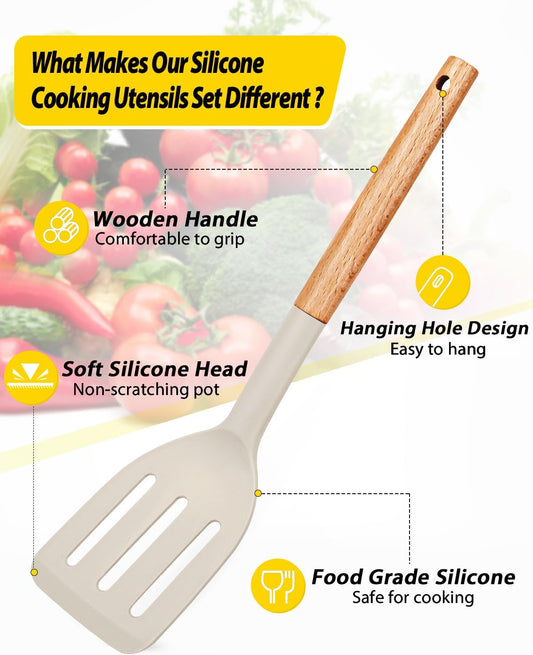 Pack of 4 Silicone Cooking Utensils Set, Non Stick Solid Spatulas and Heat Resistant Slotted Spoons with Wooden Handle, Ideal Wood Kitchen Utensils Set for Frying,Serving,Turning,Stirring (KHAKI)