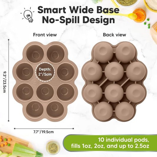 KeaBabies Silicone Food Freezer Trays with Lid, 2oz x 10 Pods Baby Food Storage Containers, Easy Puree Meal Prep, Breast Milk Silicone Freezer Molds, Dishwasher, Microwave Safe,BPA-Free(Chai Latte)