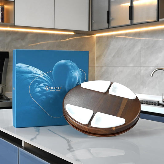 Shanik Upgraded Lazy Susan Cheese Cutting Board Set - Round Acacia Charcuterie Board With 4 Ceramic Bowls - Wedding Gifts - Cheese Serving Platter - Bridal Shower