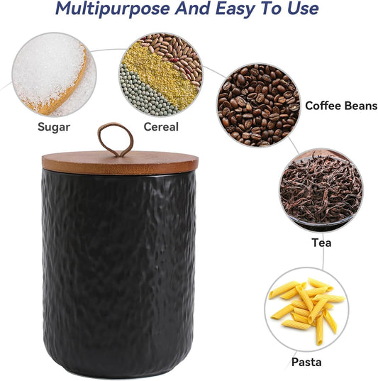 Kitchen Canisters for Countertop, Ceramic Coffee Canisters with Airtight Lids Food Storage Jars Sugar Container for Kitchen Counter Tea, Coffee Beans, Spice (#001Black-Set of 3)