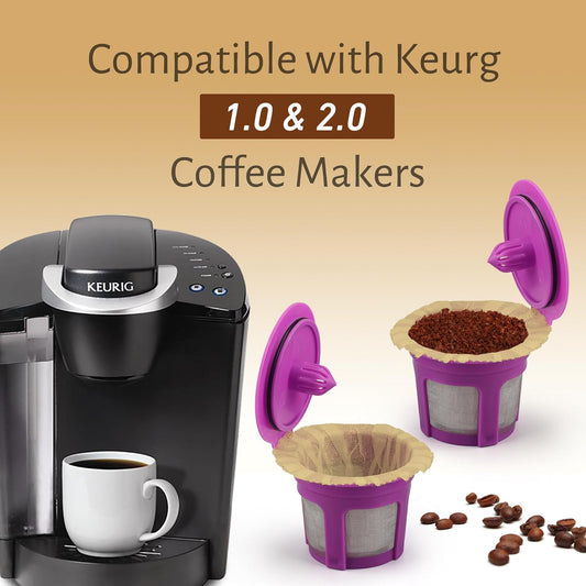 100 Count Natural Disposable Paper Coffee Filters with 2 Reusable K Cups Compatible with Keurig Brewers Single Serve 1.0 and 2.0