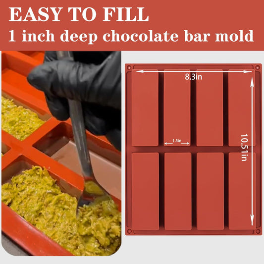Rectangle Silicone Molds For Baking,1 Inch Deep Chocolate Bar Mold - 8 Cavity,Homemade Granola Cereal Candy Bar Mold - Set Of 2