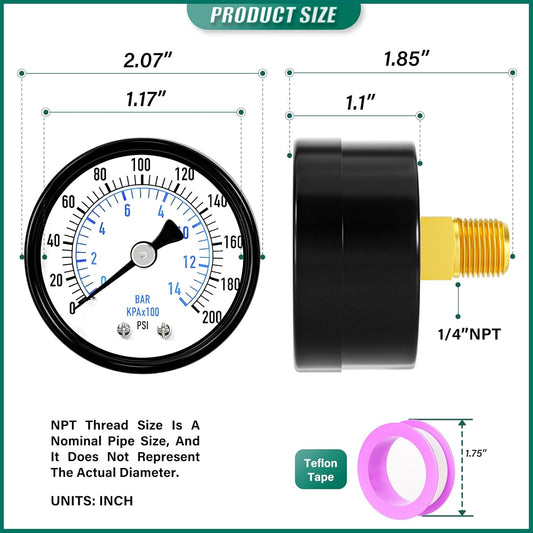 0-200psi Well Pump Pressure Gauge 1/4" NPT 2" Face Dial Size Back Mount, Multifunctional Practical Dry Pressure Gauge, for Water, Oil and Air Compressor