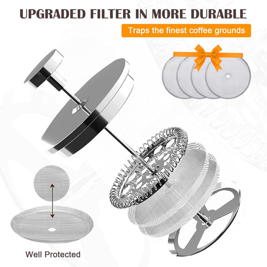 French Press, 600ml Double Insulated 304 Stainless Steel Coffee Tea Maker 4 Level Filtration System, No Coffee Grounds, Rust-Free, Dishwasher Safe for Single Use
