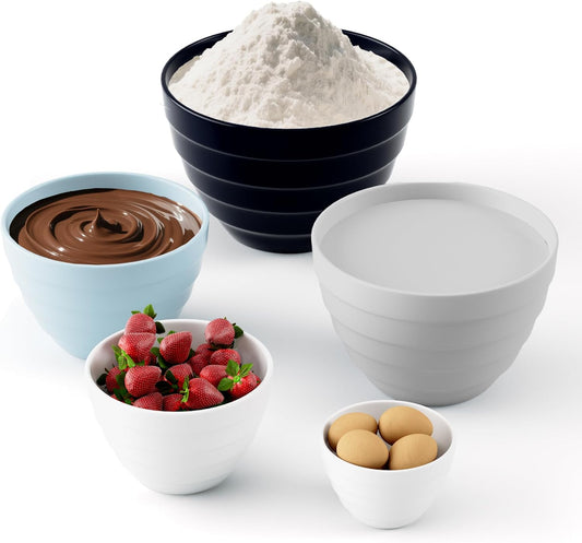 TP Mixing Bowls with Lids, 10-Piece Nesting Melamine Bowls Set for Prepping Serving Baking Cooking, Non Slip Bottom, Set of 5, Blue and White
