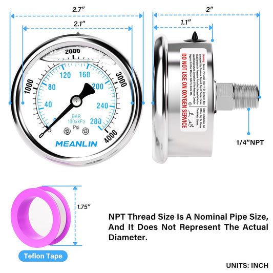 MEANLIN MEASURE 0~4000Psi Liquid Filled Pressure Gauge Stainless Steel with 316 Stainless Steel Joint 1/4" NPT 2.5" FACE DIAL for WOG Water Oil Air Center Back Mount