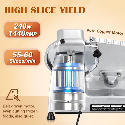 CGOLDENWALL Commercial Meat Slicer Machine, 240W 0-0.7" Adjustable Thickness Electric Deli Meat Cheese Food Slicer, 10" Semi-Auto Frozen Meat Slicer for Home, Copper Motor Low Noise Durable