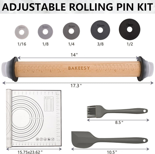 Bakeesy's 14' Wooden Rolling Pin Set with 5 Adjustable Thickness Rings - Roller Pin for Rolling Pizza, Cookie Dough, Pastry, Ravioli, Clay Slab - Full Set with Accessories - Perfect Baking experience