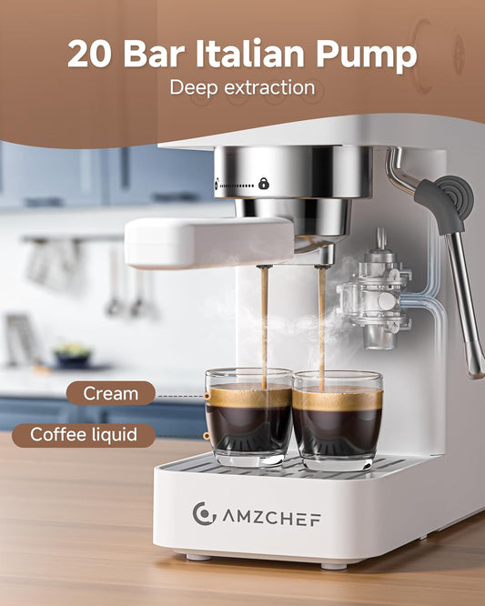 AMZCHEF Espresso Machine 20 Bar, Compact Espresso Maker with Steam Milk Frother, Coffee Maker with 40oz Removable Water Tank for Home, Coffee Machine for Cappuccino, Latte, Americano, 1350W